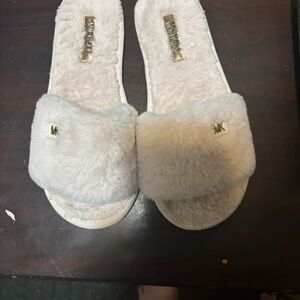 Michael Kors Cream Plush Faux-Fur Slide Slippers with Gold MK Accents